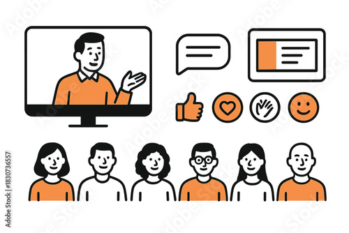 Set of online video conference icons showing participants, avatars, and social media reactions
