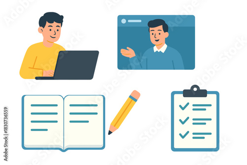 Student studying online with laptop, video conference, and remote learning materials