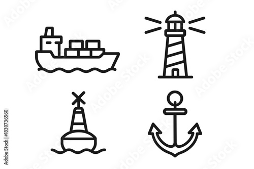 Outline icons set featuring cargo ship, lighthouse, anchor, and navigation buoy
