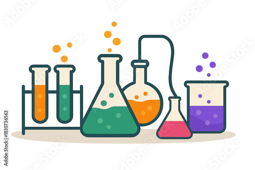 Scientific experiment setup with laboratory glassware and colorful chemical solutions
