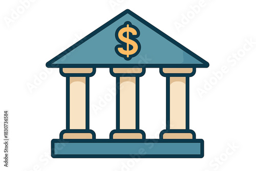 Classical bank building facade featuring three columns and prominent dollar currency symbol