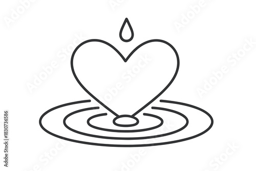 Outline drawing of a heart causing water ripples with a liquid drop floating above