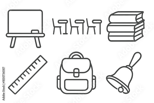 Essential school supplies and education objects including blackboard books ruler backpack bell