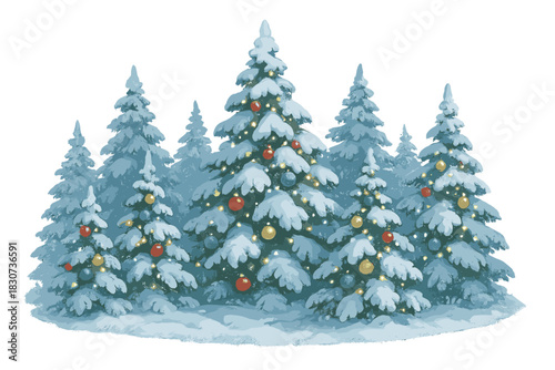 Group of snow-covered evergreen trees decorated with colorful Christmas balls and bright lights