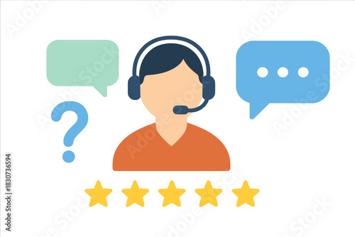 Customer service agent wearing a headset with speech bubbles and five-star rating symbols