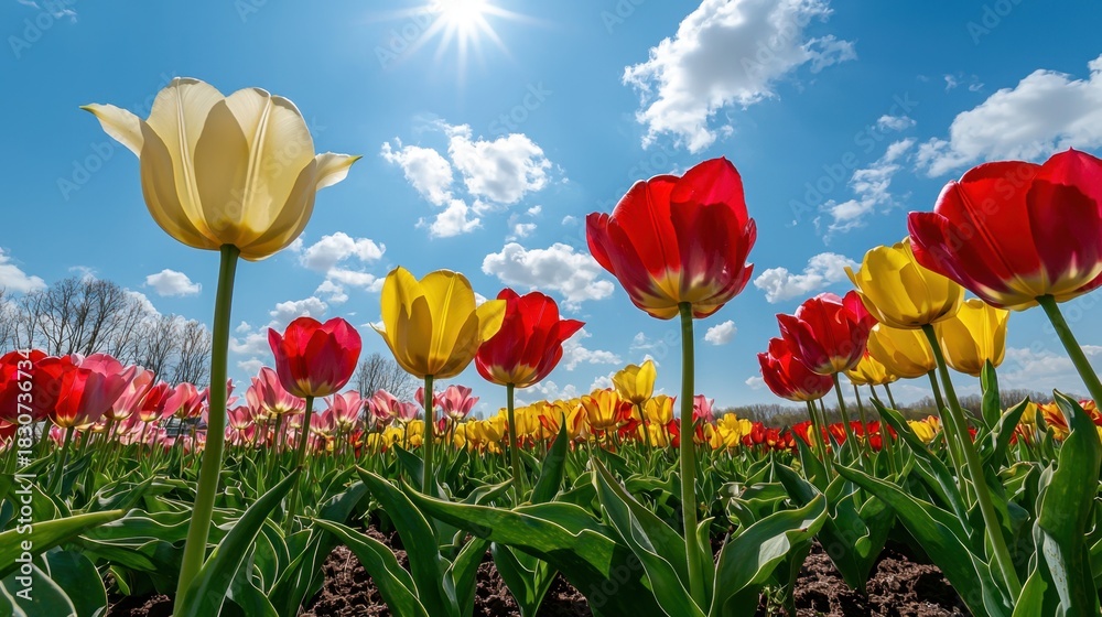 Fototapeta premium Vibrant Tulip Field Under Bright Sunlight with Colorful Blooms