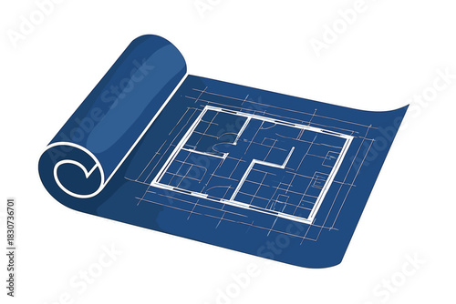 Architectural drawing of a house layout on a partially rolled blue construction plan