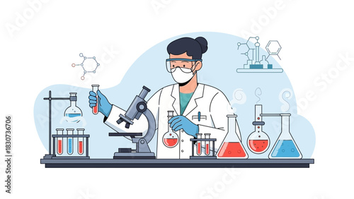 Scientist working in a lab with microscope and test tubes, conducting research.