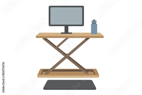Modern ergonomic standing desk converter setup with monitor water bottle and anti fatigue mat