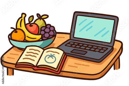 Healthy lifestyle setup with fresh fruit bowl, open cookbook, and modern laptop on a wooden table