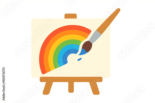 Painting a colorful rainbow arc onto a canvas placed on a wooden easel using a paintbrush