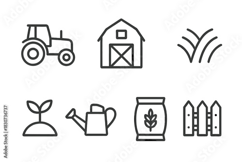 Essential farming and agriculture symbols set featuring tractor, barn, and crops