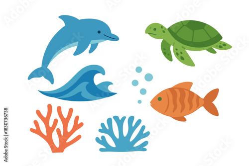 Cute marine life set including dolphin, sea turtle, fish, coral, and ocean wave icons