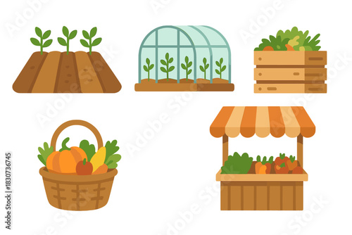 Farming and gardening elements including greenhouse, planted rows, harvest basket, and market stall