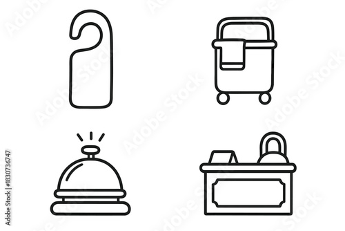 Hotel service set with reception desk, housekeeping cart, bell, and door hanger