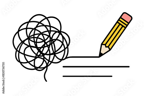 Pencil drawing a tangled mess of lines that straightens out into a clear simple path