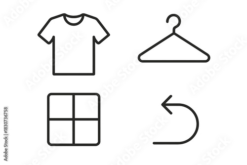 Minimalist outline symbols for UI design: clothing, hanger, grid view, undo arrow