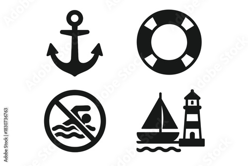 Essential maritime and nautical symbols featuring anchor, lifebuoy, sailboat, and lighthouse