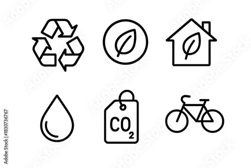 Outline icons set for ecology, recycling, renewable energy, and carbon footprint reduction
