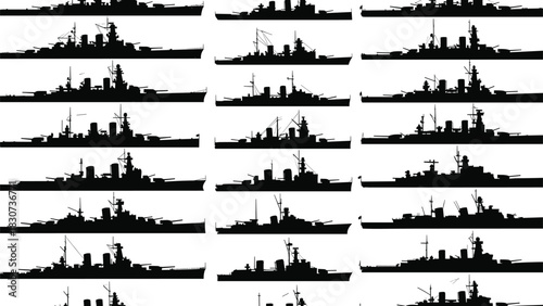 Large Vector Collection of Black Warship and Battleship Silhouettes, Featuring Different Military Naval Vessels, Representing Navy, War, History, and Maritime Transportation Icon Set.