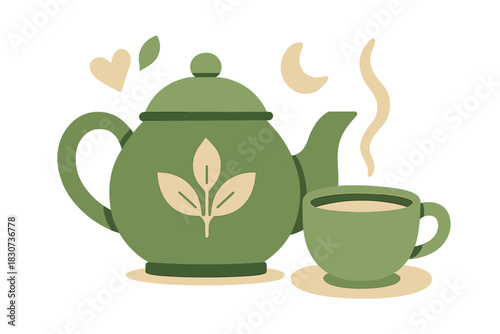 Stylized green teapot and teacup set with steam and decorative leaf pattern