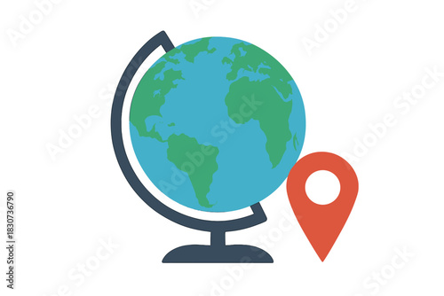 Red location pin icon next to a stylized world globe symbolizing global travel and navigation