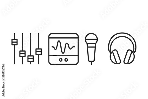 Professional sound recording and mixing equipment outline symbols collection for music production