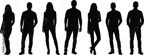 Silhouettes of diverse men and women standing confidently, modern group illustration, teamwork concept, people unity, contemporary lifestyle poses for stock design