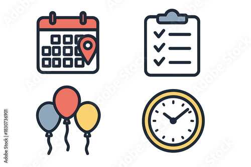 Colorful icons set for scheduling, task management, party events, and time tracking