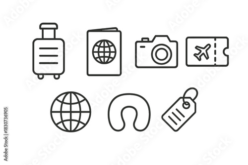 Collection of travel and vacation line icons including luggage, passport, camera, ticket, globe, neck pillow, and baggage tag