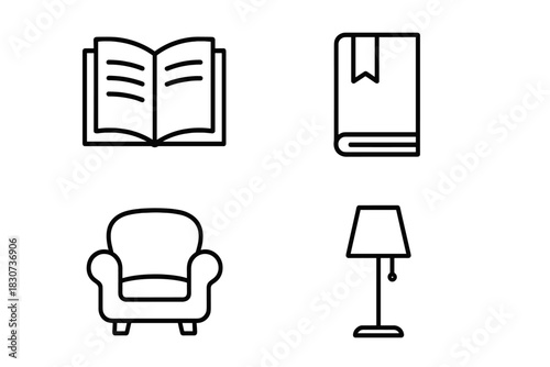 Set of outline icons featuring open book, closed book, comfortable armchair, and desk lamp