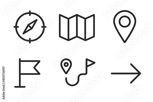 Set of essential navigation and location icons including compass map marker route and direction