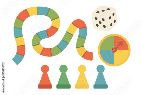 Colorful set of classic board game elements featuring pawns, dice, spinner, and a winding path track