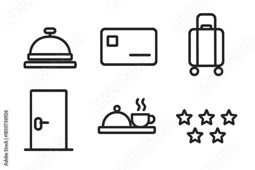 Essential hotel and hospitality service icons: luggage, key card, room service, and rating stars