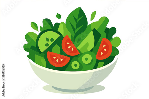 Fresh green salad with vibrant tomatoes and crisp cucumber slices in a white bowl