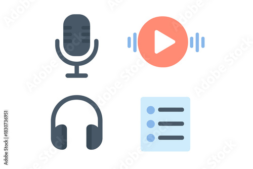 Modern flat icons for podcasting, audio recording, playback, and listening devices
