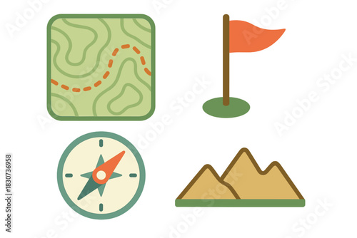 Outdoor adventure and navigation icons set featuring map, compass, flag, and mountains