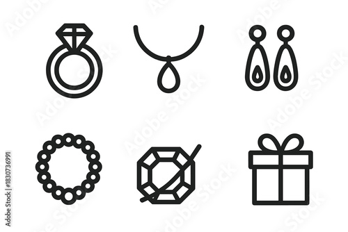 Set of luxury jewelry symbols including engagement ring, necklace, earrings, bracelet, and gift box