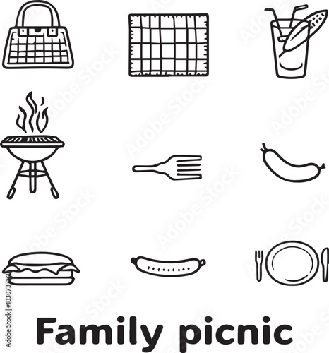 Black and white vector illustration of family picnic icons including food, drinks, utensils, and grill