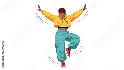 Energetic Dancer in Motion with Vibrant Outfit and Dynamic Pose.