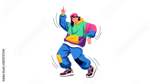 Energetic dancer in vibrant 90s fashion strikes a pose.