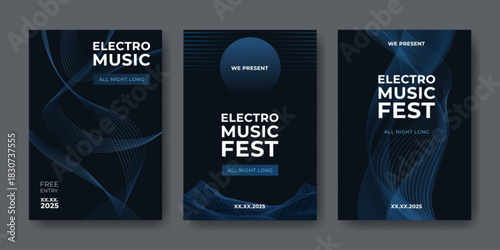 Electro music fest posters collection. Vector illustration of abstract blue geometric patterns and invitation text on black background, night club party banners set, futuristic dance event brochure