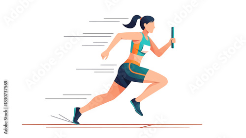 Female athlete sprinting with baton in relay race.