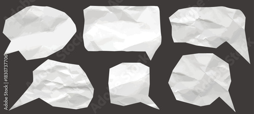 Set of cut out shapes made from crumpled paper. Speech bubbles with halftone effect. Textured, sloppy templates, vector elements