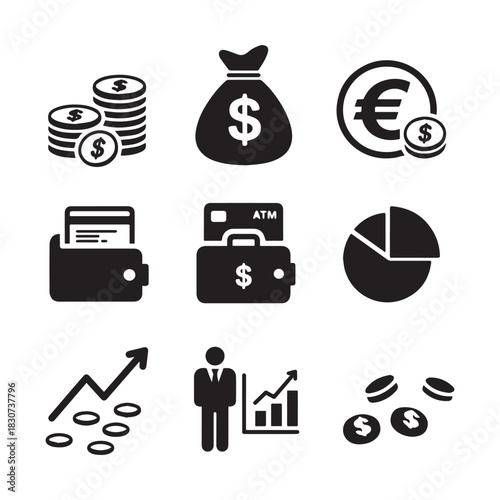 Black Silhouette Vector Icons for Finance, Business, Banking, and Investment.