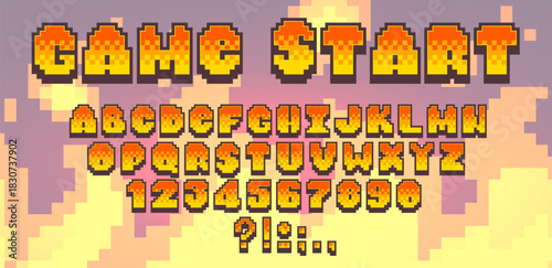 Pixel art retro game font with orange and yellow gradient alphabet, numbers and punctuation marks on pastel background. Digital computer text lettering with game start title and characters set.