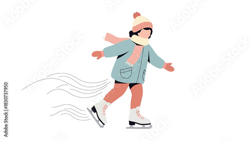 Girl Ice Skating with Winter Gear and Speed Lines.