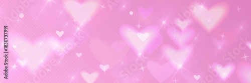 Pink bokeh heart background with glitter and sparkle effects. Love themed transparent gradient pattern with light elements, cute pastel colors and romantic dreamy atmosphere for Valentine Day design.