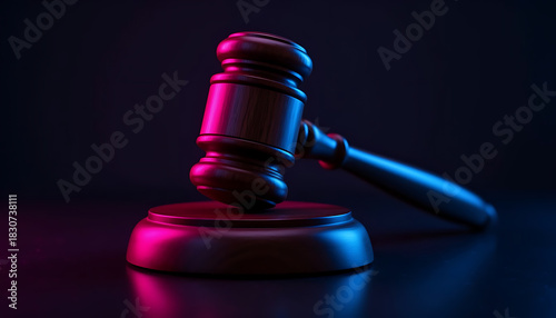 Wooden Gavel Lit With Red and Blue Light on a Dark Background