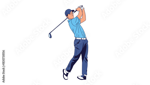 Golfer in mid-swing, showcasing athletic form and concentration.